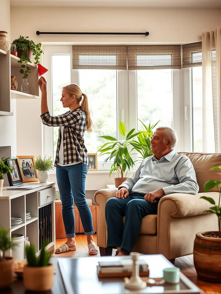 A personal assistant helping an elderly man with household chores in a cozy living room.