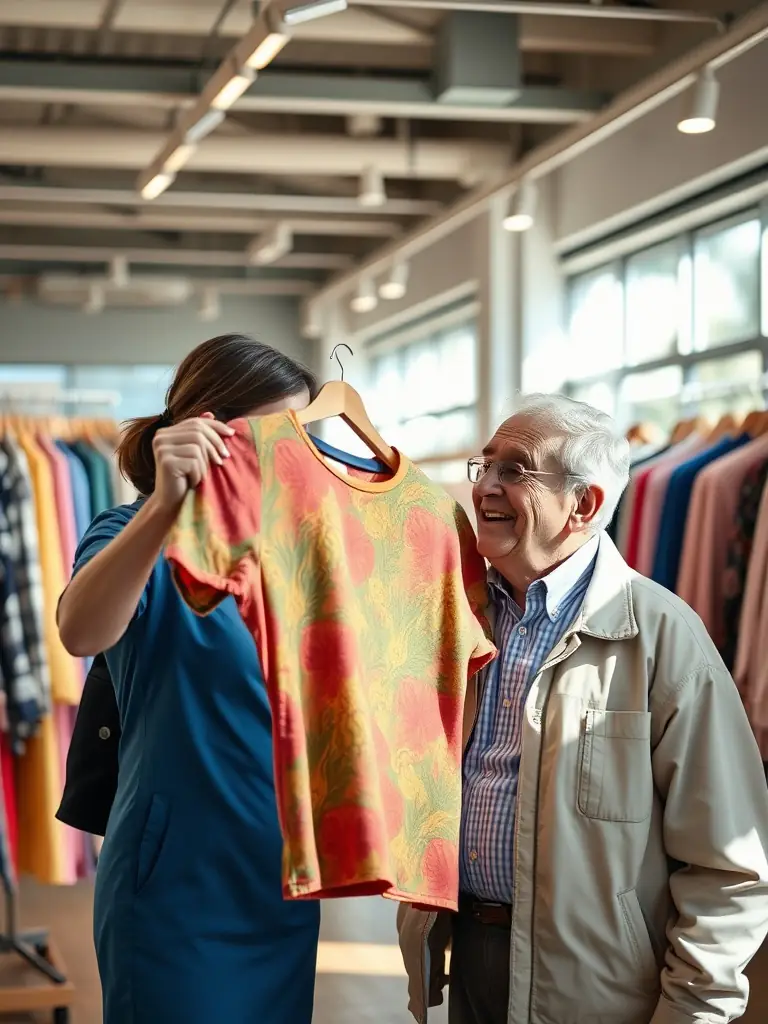 An assistant helping an elderly client choose clothing in a store.