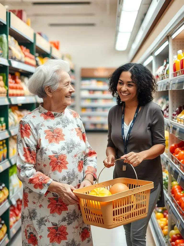 An assistant assisting an elderly woman with grocery shopping.