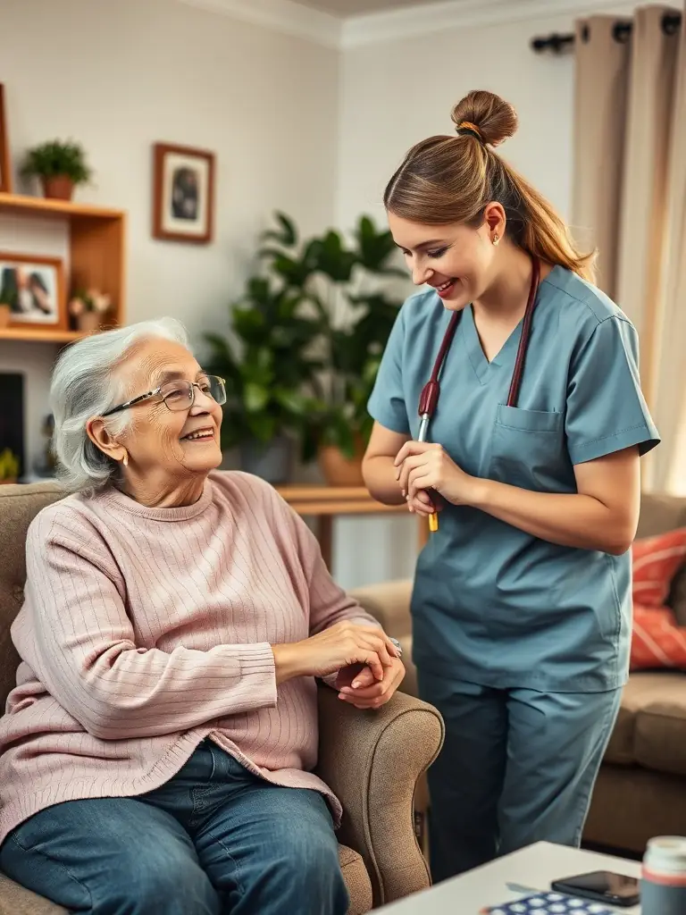 A caregiver helping an elderly client with household chores in a cozy living room.